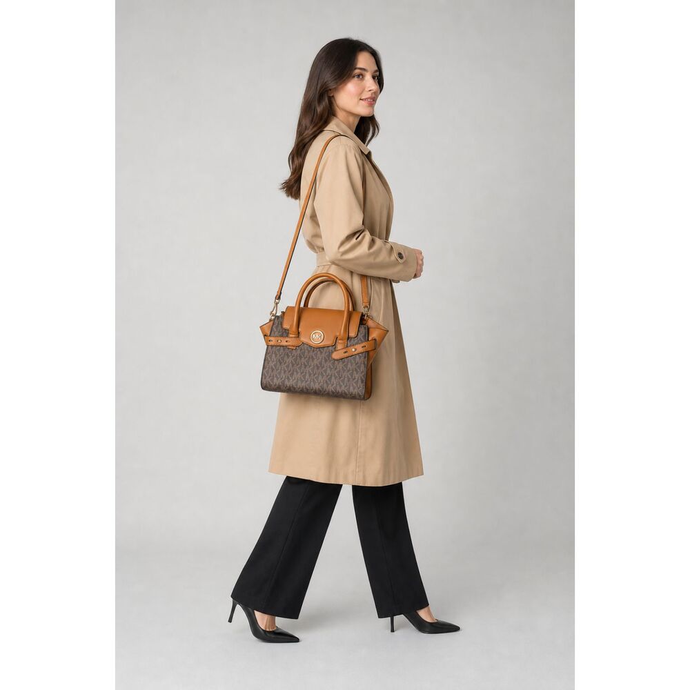 Michael Kors Carine MK Logo Satchel Crossbody Bag Brown Cognac Leather
